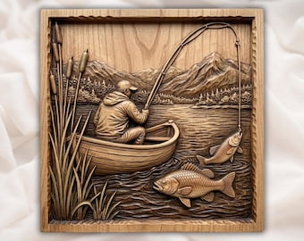 Łódź rybacka, scena na jeziorze, 3D, relief STL | Wędkarz w łodzi wiosłowej, panel z drewna | Wędkarstwo górskie, STL | Łódź rybacka i tablica ścienna z rybą