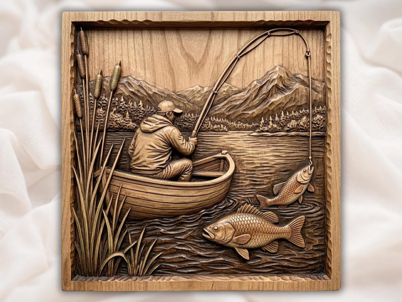 Fishing Boat Lake Scene 3D Relief STL