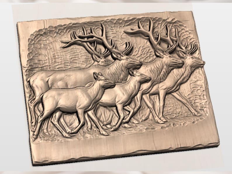May include: A wooden relief carving depicting a herd of deer in a naturalistic style. The artwork features several deer with prominent antlers, set against a textured background, all in shades of brown.
