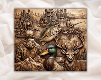Outdoor Hunting Collage 3D Relief STL | Deer Duck Fish Bear Angler Scene | Home Decor, Aspire, VCarve Pro, Carveco, Fusion 360, ArtCAM