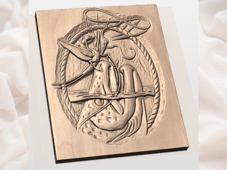 May include: A wooden carving of a sea creature with a long beak and a curved tail, surrounded by a rope-like border. The carving is set on a rectangular wooden plaque.