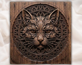 Relief 3D z kotem w formie mandali (STL) | Ozdobny, okrągły panel z rzeźbionym kotem w drewnie | Gotycka sztuka ścienna | Mistyczna kocia twarz (STL) | Okrągła tabliczka ścienna w stylu boho gotyckim