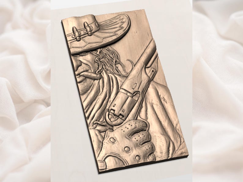 May include: A rectangular wooden relief carving of a cowboy with a hat and revolver. The carving is in shades of brown and beige, with detailed textures on the hat, face, and glove. The overall theme is the Wild West.