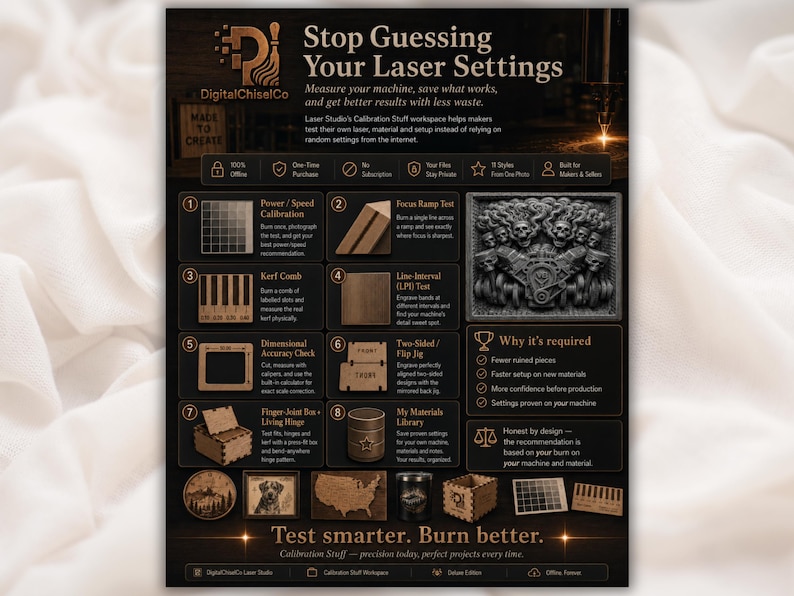 May include: A dark informational poster titled Stop Guessing Your Laser Settings by DigitalChiselCo. It features eight numbered sections detailing laser calibration tests, including power, focus, kerf, and accuracy, with example images and icons.