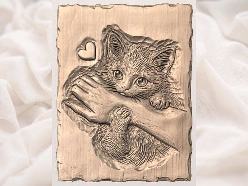 May include: A detailed relief carving of a kitten biting a hand, with a heart symbol above. The artwork is in a warm, neutral tone, with visible texture and fine details. The cat's eyes are large and expressive, conveying a sense of affection.