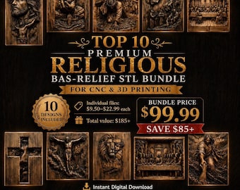 May include: A digital collection of ten religious bas-relief STL files for CNC and 3D printing, featuring detailed wood-carved style imagery of biblical scenes including the Last Supper, the crucifixion, and portraits of Jesus in a dark brown tone.
