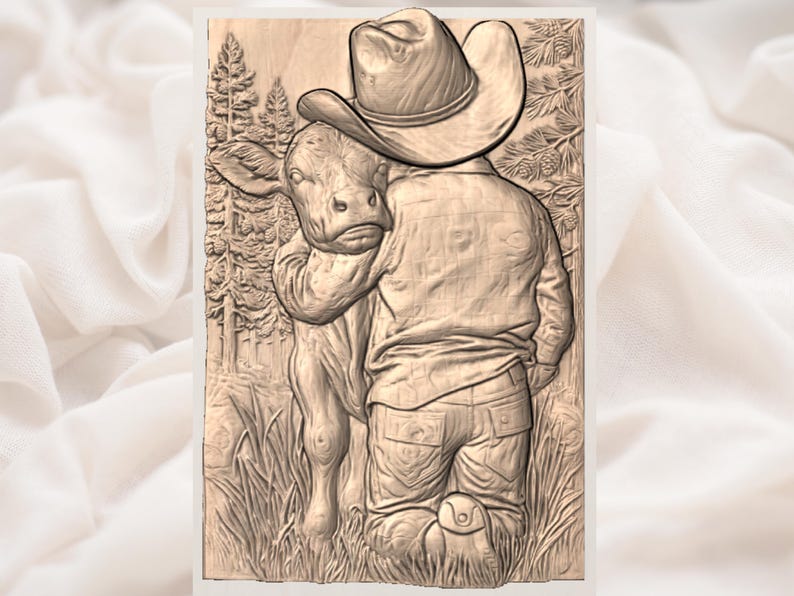 May include: A wooden carving depicts a cowboy embracing a calf, both figures wearing hats. The cowboy kneels in tall grass, with a forest scene in the background. The carving is detailed and shows texture.