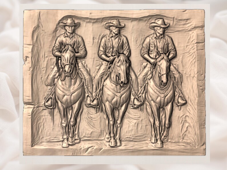 May include: A detailed relief carving depicting three cowboys on horseback. Each figure wears a cowboy hat and is seated on a horse with visible saddles and stirrups. The artwork is rendered in a warm, earthy tone, suggesting a Western theme.