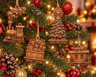 Vintage Christmas Steam Train Ornaments CNC Relief STL | Holiday Tree Decor | Woodworking Project