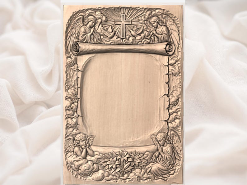 May include: A wooden plaque with a detailed relief carving. The design features angels, a cross, and a scroll. The frame is adorned with floral and cloud motifs, creating a religious or spiritual theme.
