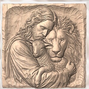 Jesus with Lamb & Lion 3D STL Relief view 2