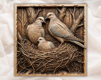 Dove Family Nest Relief STL | CNC Router 3D Carving Model | Love Birds in Nest Wood Grain Bas Relief Panel | Wedding Anniversary Wall Art