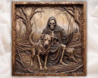 Eternal Bond Skeleton Reaper and Loyal Dog CNC Relief STL | Gothic Forest Wood Carving | Macabre Afterlife Wall Art Panel