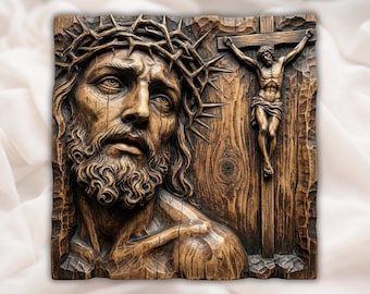 Jesus Crucifixion Relief STL | CNC Router 3D Carving Model | Christ Face & Cross Wood Grain Bas Relief Panel | Christian Catholic Wall Art