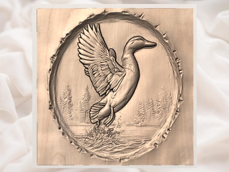 Flygande anka 3D-relief STL-fil | Rund träådring CNC-snideridesign | Väggkonst med djurliv i sjön | 3D-utskrift och lasergravering STL bild 3