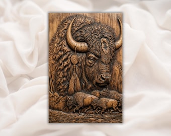 Native Buffalo 3D Relief STL | Bison Head & Herd Western Wood Grain Carving Panel | CNC Router File, 3D Print, Laser Engrave | Home Decor