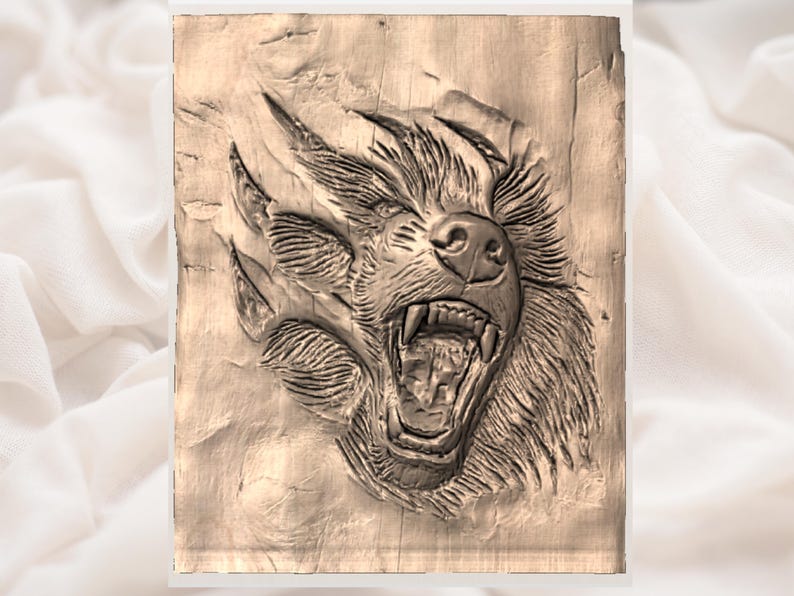May include: A detailed wood carving of a snarling bear's face and paw. The bear's mouth is open, revealing teeth, and its paw has sharp claws. The carving is in shades of brown and tan, with visible wood grain.