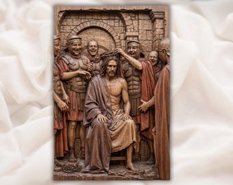 Crown of Thorns Jesus 3D Relief STL for CNC Router | Passion of Christ Wood Carving Panel | Holy Week Wall Art |Jesus Mocked by Soldiers STL