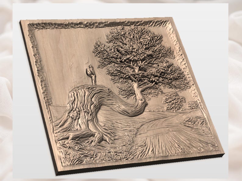 May include: A wooden relief carving depicting a landscape scene. The artwork features a large tree with a winding trunk, a figure on a tree stump, and a path leading to the horizon. The carving is framed with a decorative border.