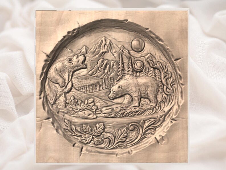 May include: A wooden relief carving depicting a mountain scene with two bears. One bear is roaring, the other is standing. The background features mountains, trees, and a moon. The carving is framed by a decorative border.