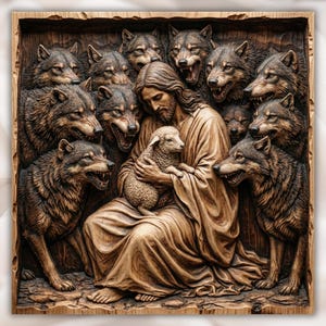 Jesus With Lamb & Wolves 3D Relief STL view 1