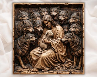 Jesus With Lamb & Wolves 3D Relief STL | Good Shepherd Protection CNC File | Christian Wall Art Wood Carving STL | Bible Jesus Relief