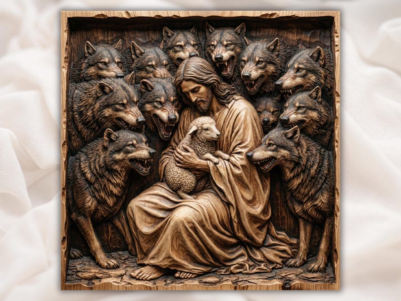 Jesus With Lamb & Wolves 3D Relief STL