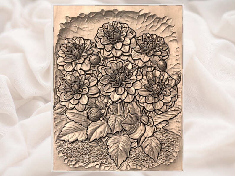 May include: A wooden relief carving of a bouquet of dahlias. The flowers are in full bloom, with detailed petals and leaves. The carving is in a natural wood tone, with a textured background. The artwork is rectangular and appears to be a wall hanging.