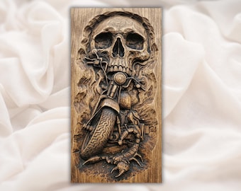 Skull Biker 3D Relief STL File | Motorcycle Gothic CNC Carving | Chopper Wall Art | motorcycle gifts | motorcycle gifts for him