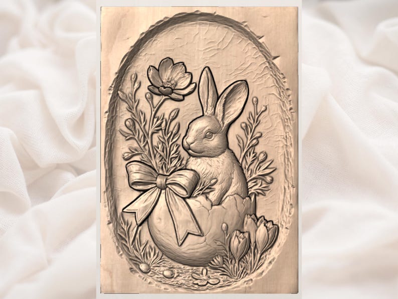 Puede incluir: Una talla de madera con tem&aacute;tica de Pascua. El dise&ntilde;o incluye un conejito saliendo de un huevo roto, rodeado de flores y follaje, y un gran lazo. La talla est&aacute; enmarcada en un &oacute;valo.