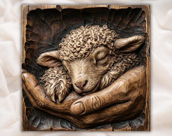 Sleeping Lamb in Hands Relief STL | CNC Router 3D Carving Model | Cute Lamb Wood Grain Bas Relief Panel | Christian Nursery Wall Art