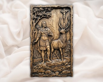 Saint Hubertus with Stag 3D Relief STL | Patron Saint of Hunters CNC Router Wood Carving File | Christian Hunting Bas-Relief Panel