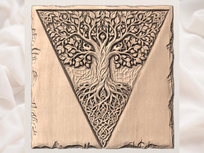May include: A square, light brown, carved wooden plaque featuring a detailed depiction of the Tree of Life. The tree is within a triangle, with intricate roots and branches. The design has a rustic, natural aesthetic.