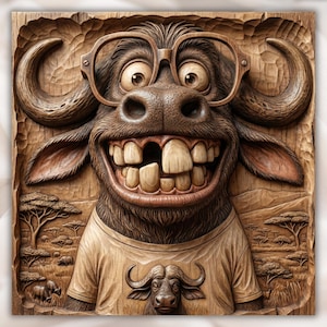 Funny Buffalo 3D Relief STL view 1