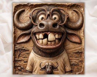 Funny Buffalo 3D Relief STL | Cartoon Animal CNC Router Wood Carving File | Goofy Buffalo Wall Art | 3D Print STL Digital