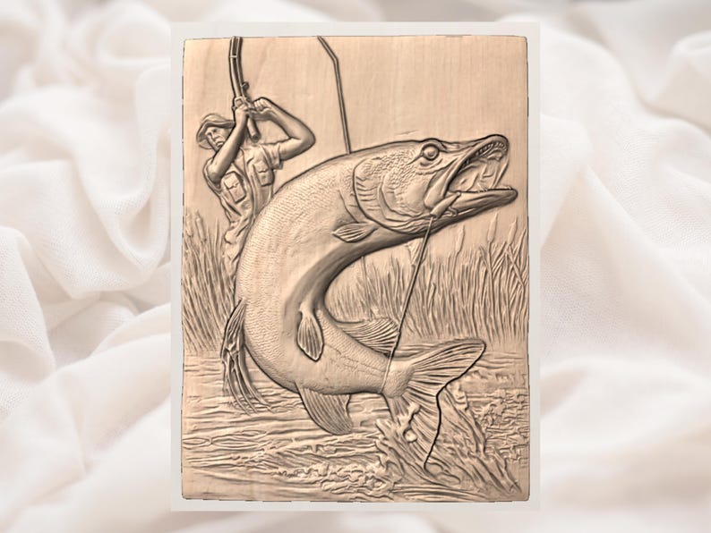 May include: A wooden relief carving depicts a fisherman reeling in a large fish. The fish is leaping out of the water, with the fishing line taut. The fisherman is wearing a hat and a short-sleeved shirt. Tall grass and water are also carved into the wood.