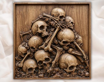Memento Mori Skull Pile Ossuary Wall Art CNC Relief STL | Macabre Gothic Decor Panel | Skeletal Grave Wood Carving Design