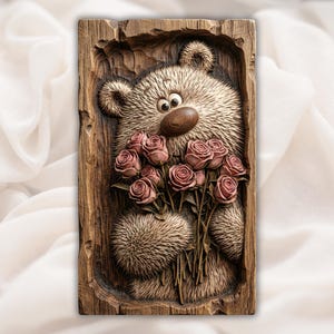 Teddy Bear with Roses 3D Relief STL view 1