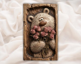 Teddy Bear with Roses 3D Relief STL | Valentine Gift CNC Router File | Cute Bear Holding Flowers STL | Romantic Wood Carving Panel