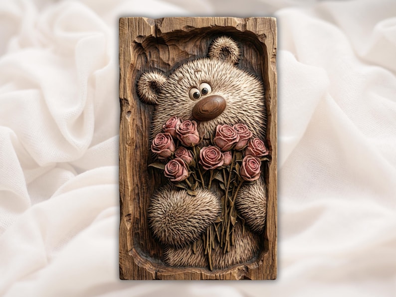 Teddy Bear with Roses 3D Relief STL