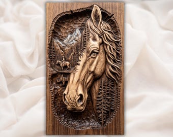 Painel de Arte de Parede com Cavalo Majestoso na Montanha | Relevo Equestre na Floresta | Escultura em Madeira de Cavaleiro do Oeste | Retrato de Cavalo para Decoração de Fazenda