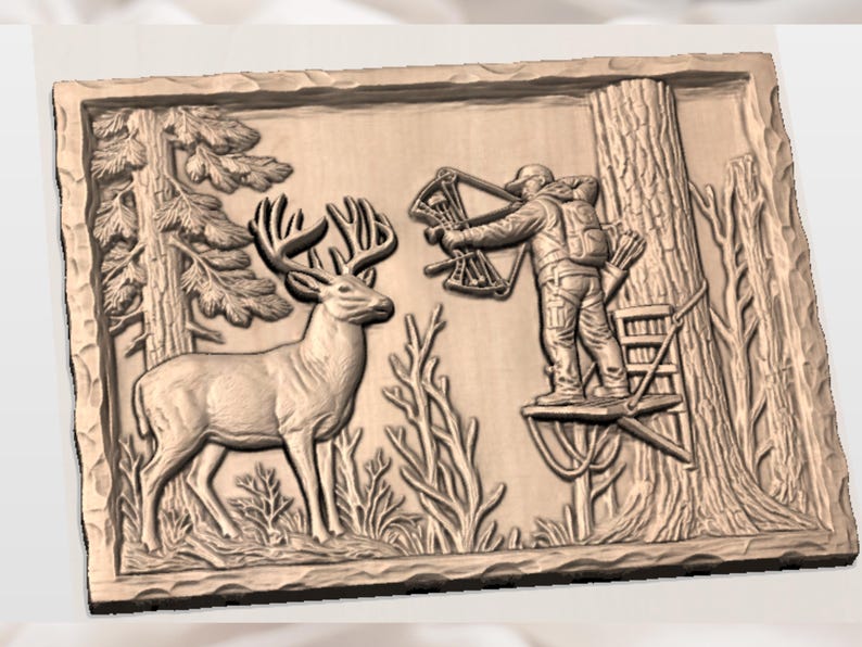 May include: A wooden relief carving depicting a deer and a hunter in a forest setting. The deer stands facing the hunter, who is aiming a bow and arrow from a tree stand. The carving is in shades of brown.