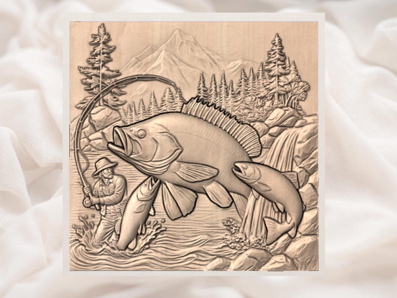 May include: A wooden relief carving depicting a fishing scene. A fisherman is reeling in a large fish, with two smaller fish jumping out of the water. The background features a mountain, trees, and a waterfall.
