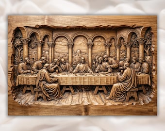 The Last Supper 3D Relief STL | DaVinci Style Jesus & 12 Apostles Scene | CNC Router Wood Carving | Christian Dining Room Church Wall Art