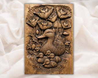 Mother Duck and Ducklings 3D Relief STL| Floral Waterfowl CNC Carving | Farmhouse Wall Art | Aspire, VCarve Pro, Carveco, Fusion 360, ArtCAM
