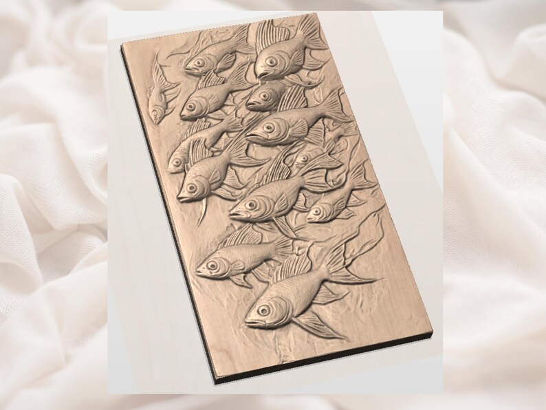 May include: A rectangular wooden relief carving featuring a school of fish swimming in the same direction. The fish are detailed with fins and scales, and the carving has a natural wood tone. The artwork is mounted on a black frame.