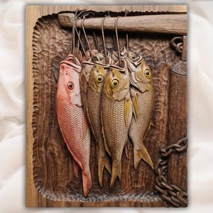 Fish Stringer STL | Fisherman Stringer Wood Carving Panel| Coastal Dockside Catch Wall Plaque |Hanging Fish Catch 3D Relief STL