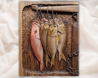 Sznurek rybny STL | Panel rzeźbiarski z drewna „Sznurek rybaka” | Tablica ścienna „Połów na nabrzeżu” | Wiszący relief 3D „Połów ryb” STL