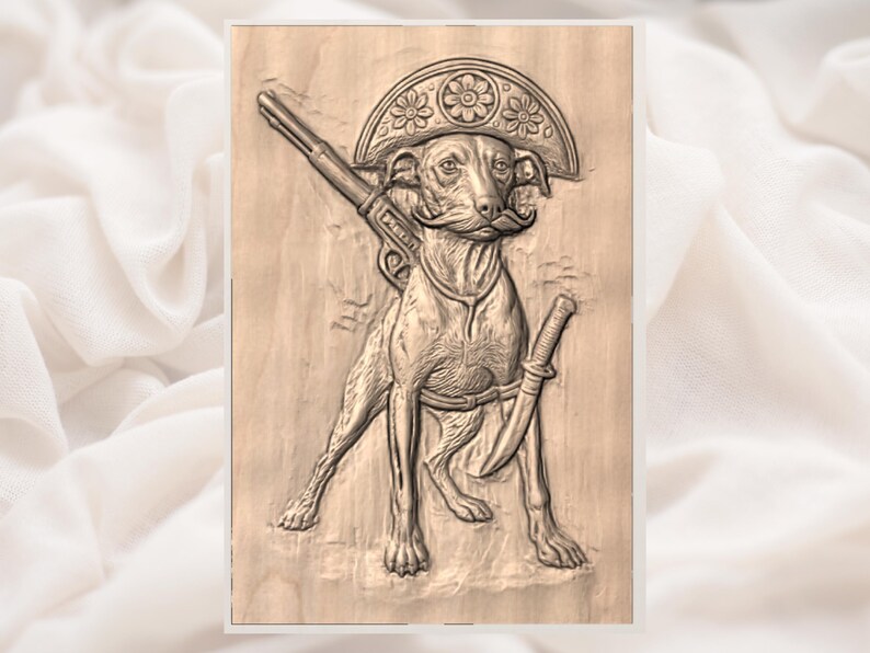 May include: A detailed wood carving of a dog wearing a hat and a mustache, holding a gun and a knife. The dog is standing with its legs apart. The carving is in shades of brown and beige.