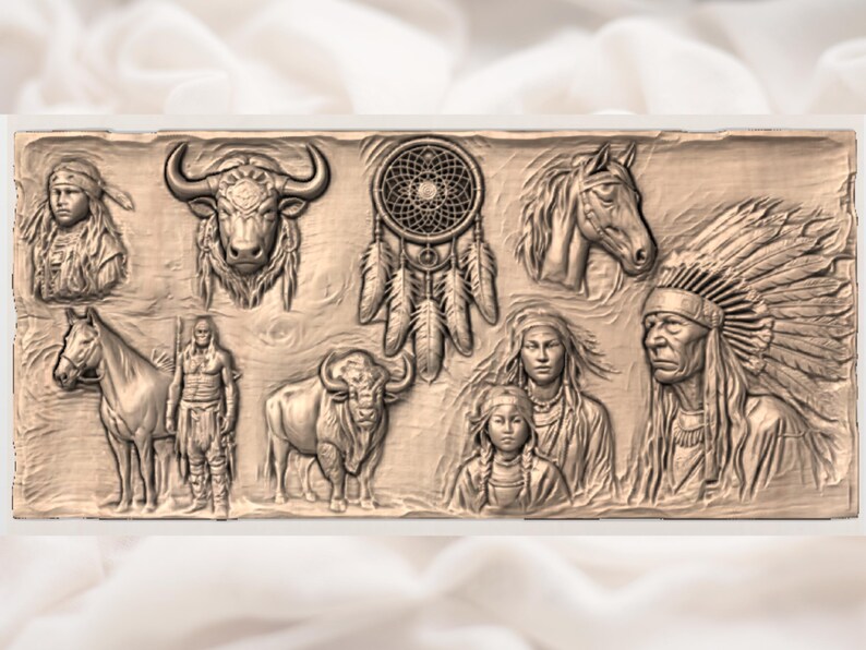 Colagem Tribal STL | Relevo do Espírito Ocidental | Arte de Cavalo Búfalo | Decoração de Parede Rústica para Chalé | Design de Escultura em Madeira | Placa Apanhador de Sonhos imagem 3